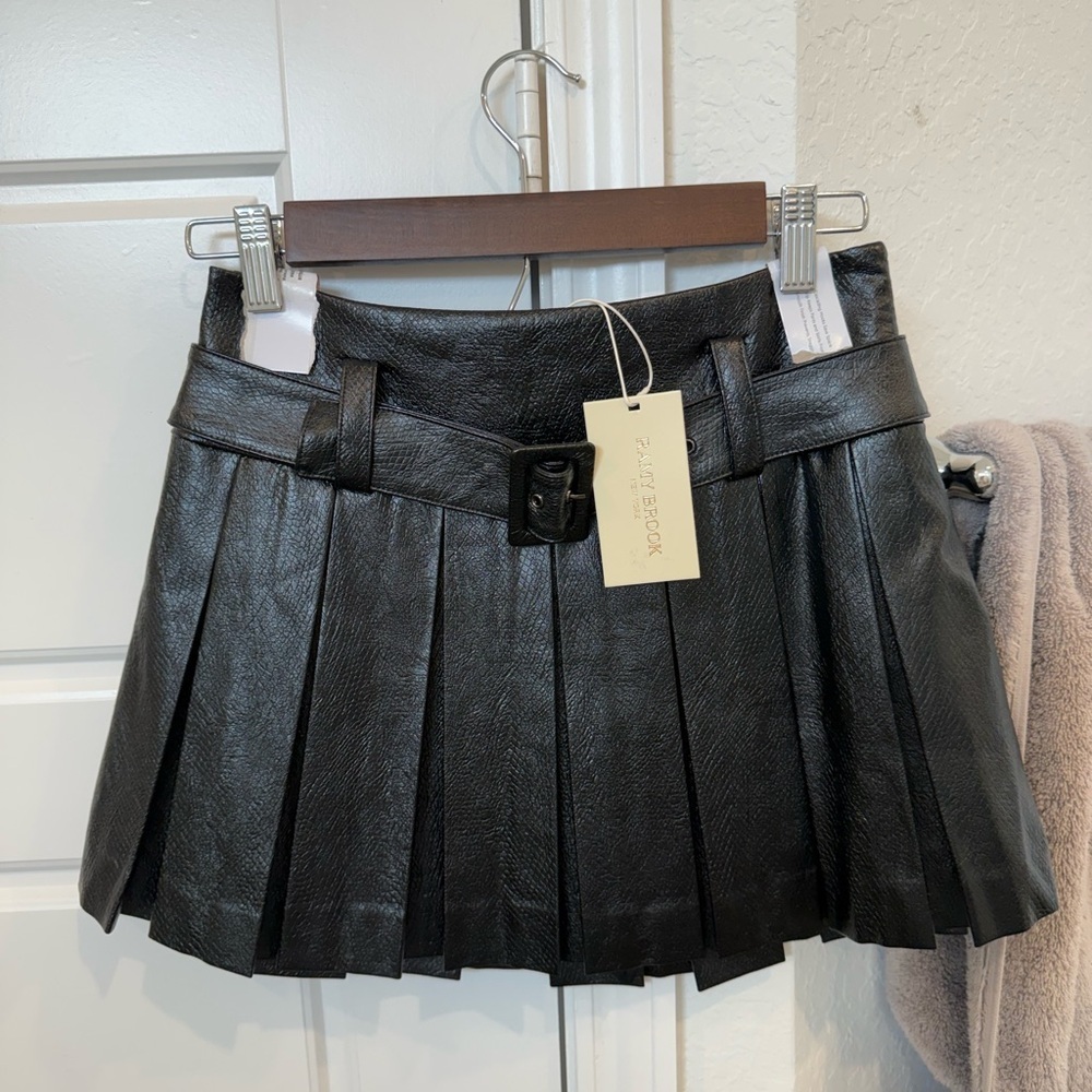 Ramy Brook Black Pleated Faux Leather Mini Skirt with Belted Waist - Picture 2 of 5